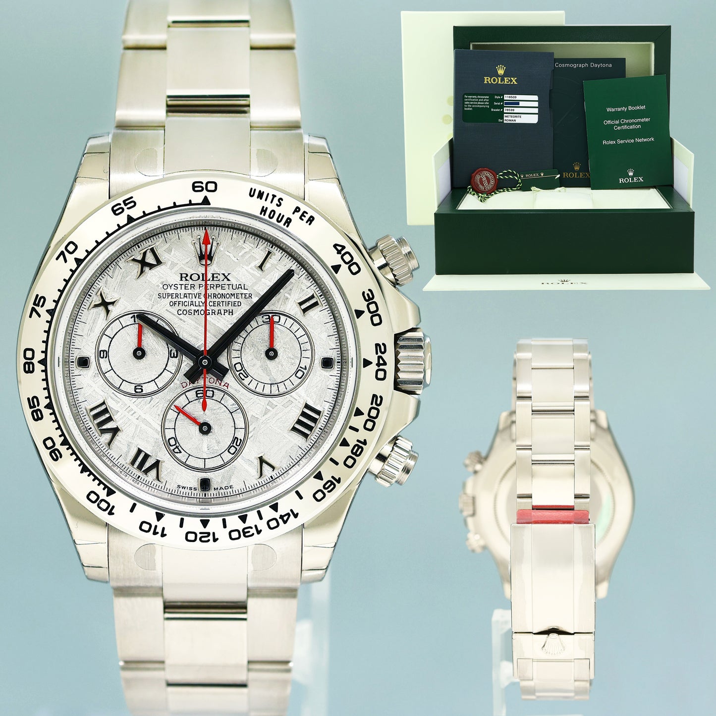 NEW STICKERS PAPERS Rolex Daytona 116509 Meteorite Roman White Gold Chrono Watch