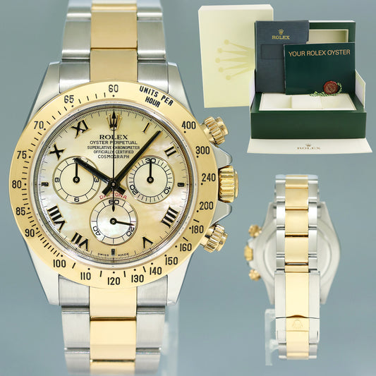 MINT Rolex Daytona 116523 Champagne Mother of Pearl Yellow Gold Two Tone Watch