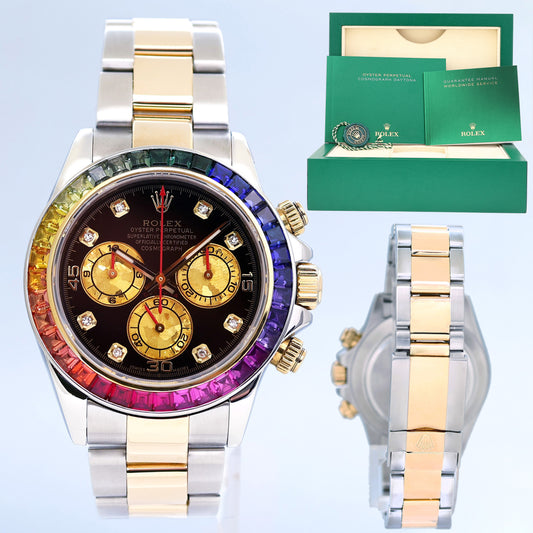 Rolex Daytona 116523 Rainbow Diamond Yellow Gold Steel Sapphire 40mm Watch Box