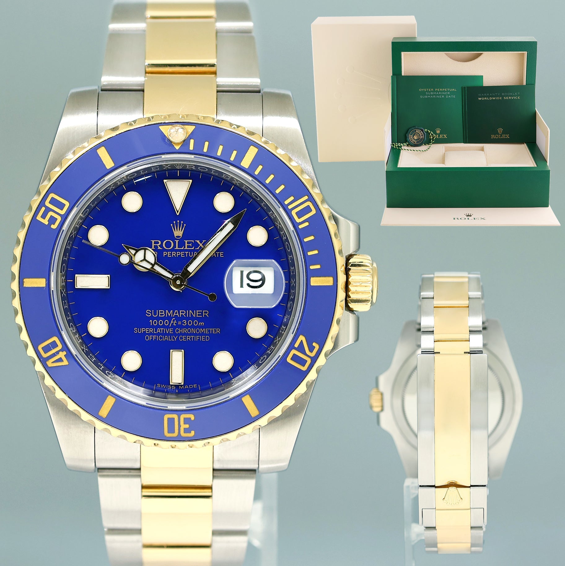MINT Rolex Submariner Blue Smurf Ceramic 116613LB Two Tone Yellow Gold Watch Box