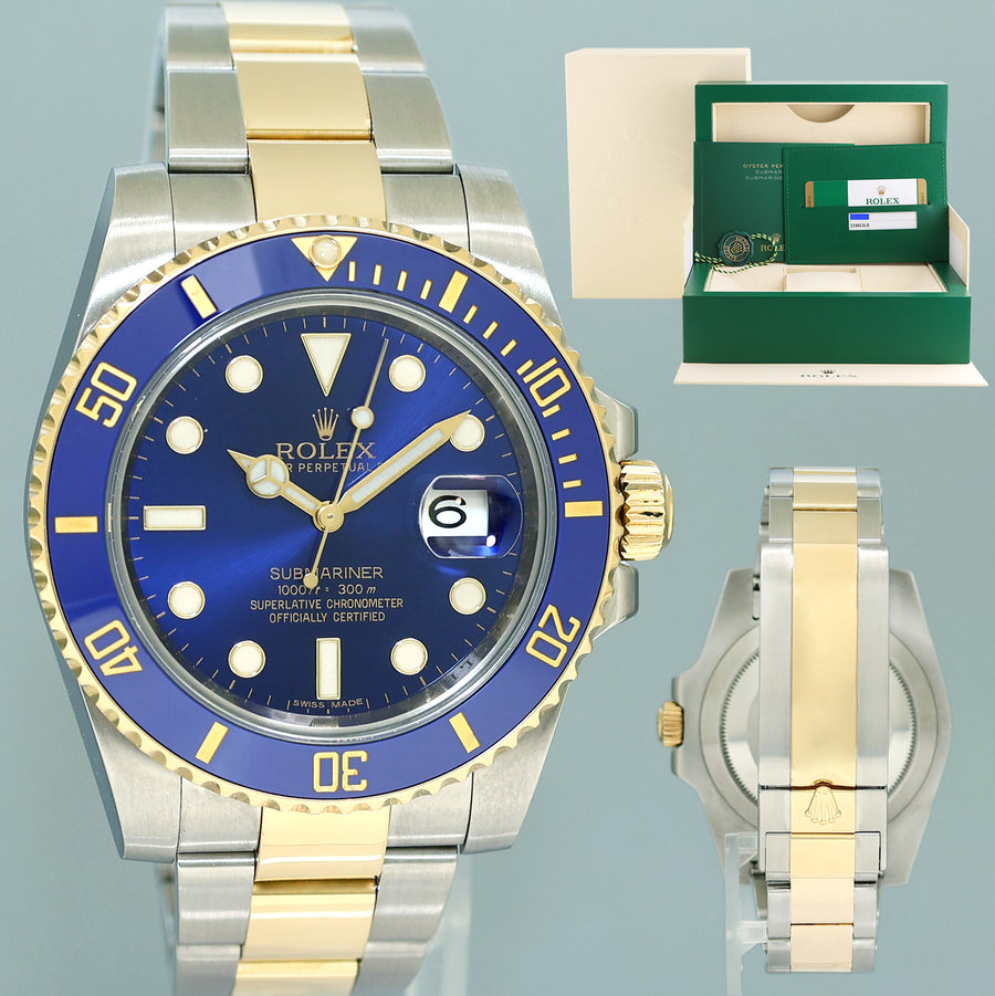 MINT 2018 PAPERS Rolex Submariner Blue Ceramic 116613LB Two Tone Yellow Gold Watch Box