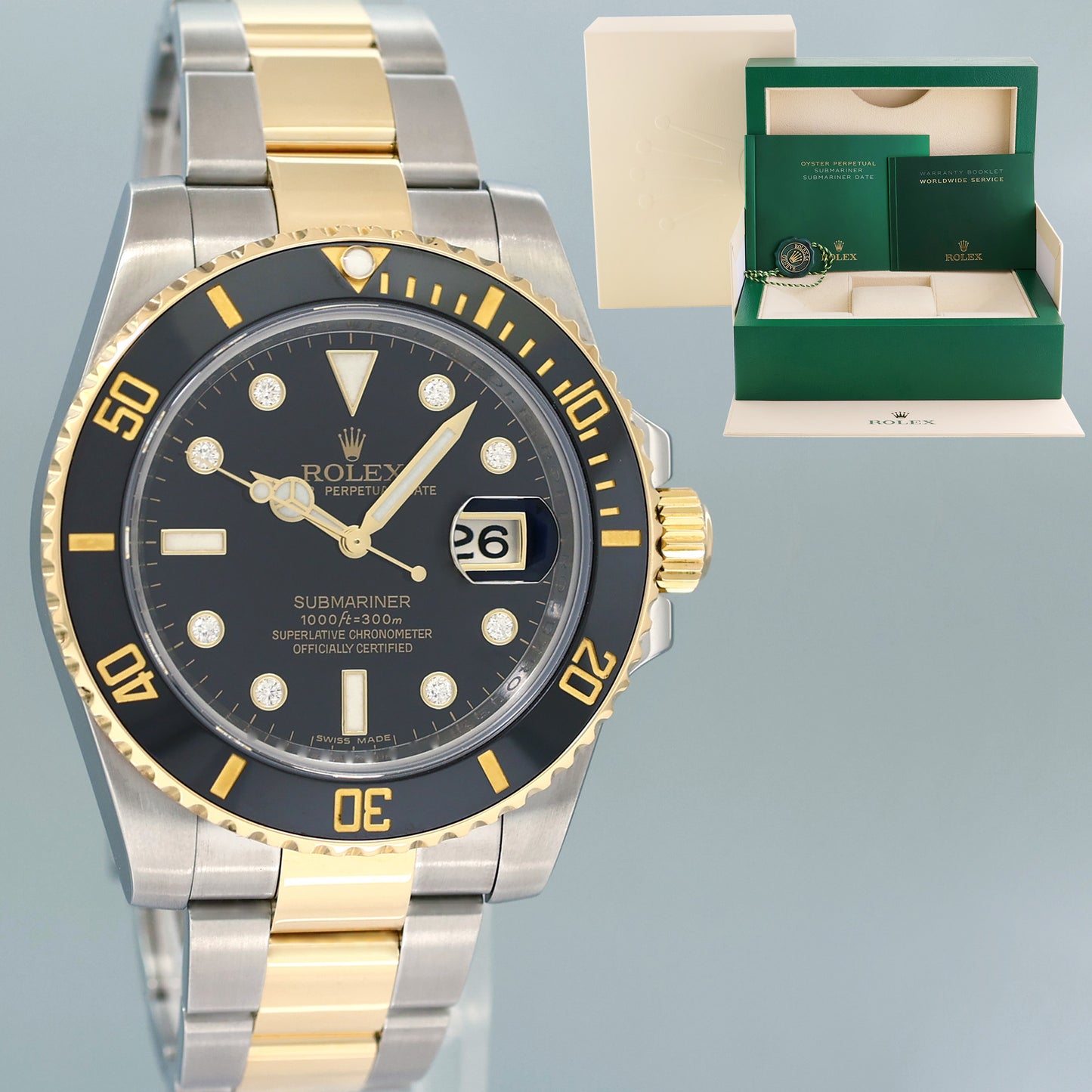 MINT Rolex Submariner 116613LN Two Tone Steel Yellow Gold Black Diamond Serti Watch