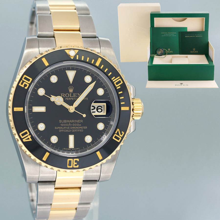 MINT Rolex Submariner 116613LN Two Tone Steel Yellow Gold Black Diamond Serti Watch