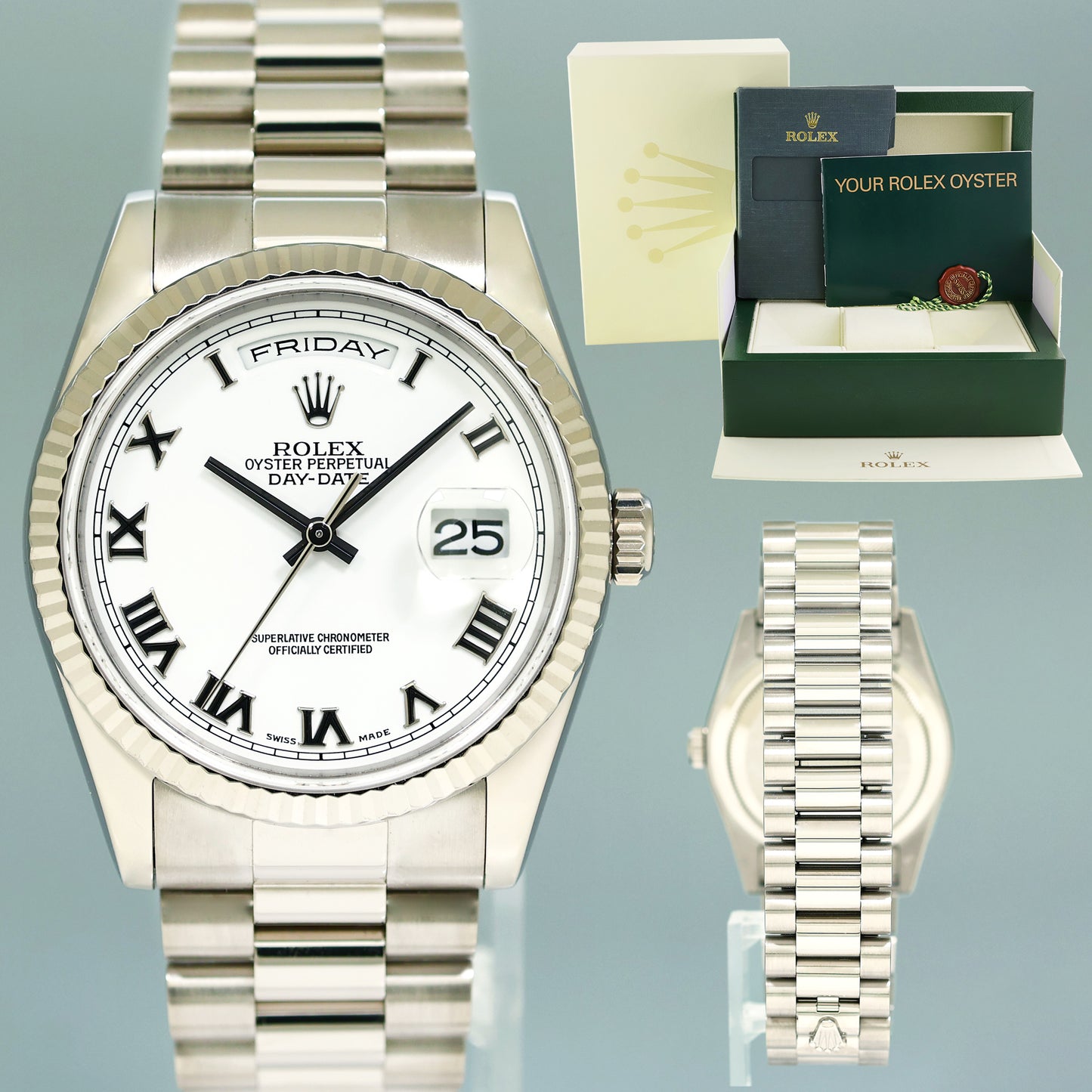 2004 MINT Rolex President Day Date White Roman 118239 White Gold Watch Box