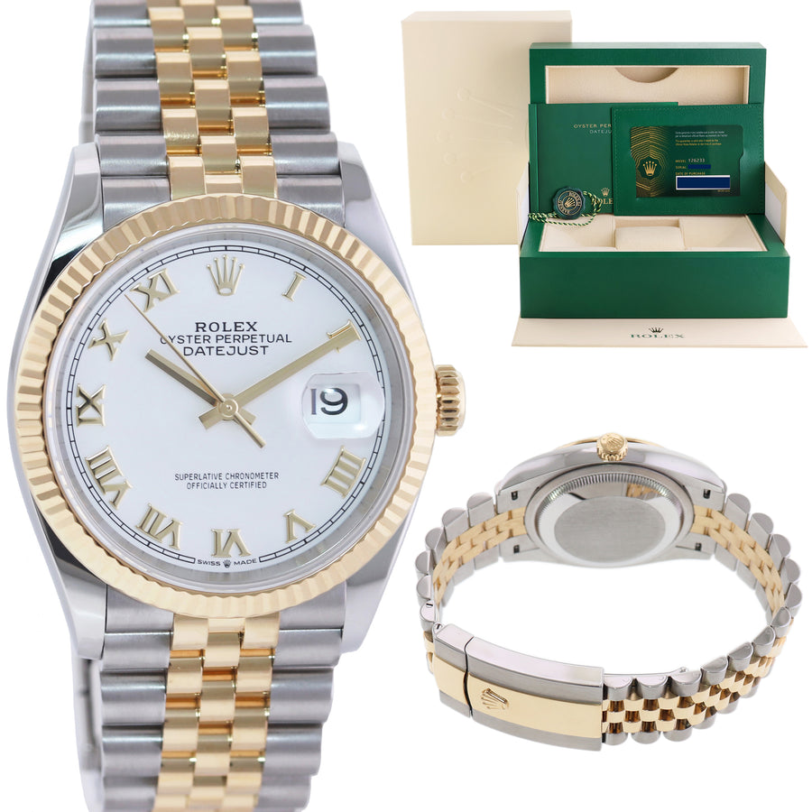 2023 NEW PAPERS 126233 Rolex DateJust 36mm White Roman Two Tone Jubilee 18k Gold Watch