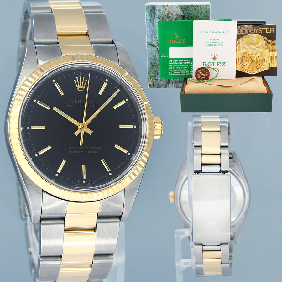 PAPERS Rolex Oyster Perpetual 34mm Black 14233 Yellow Gold & Steel Oyster Watch Box