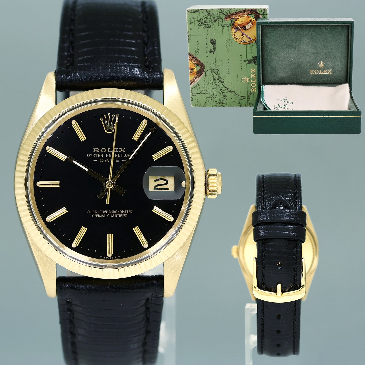 Rolex Date 34mm 1503 Yellow Gold Black Stick Leather Watch Box