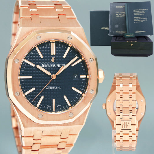 PAPERS MINT Audemars Piguet Royal Oak 41mm Rose Gold 15400OR Blue Dial Watch Box