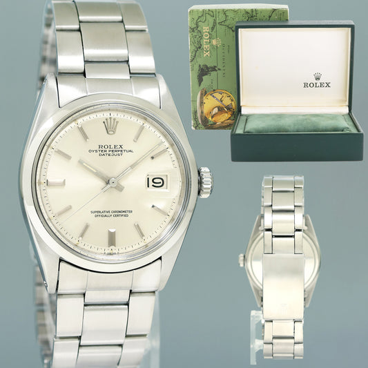 1970 Vintage Rolex DateJust 1600 Blue Silver Dial Stainless Steel 36mm Oyster Band Watch Box