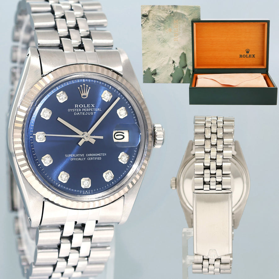 Rolex DateJust 1601 Blue Diamond Dial White Gold Jubilee Band 36mm Watch Box