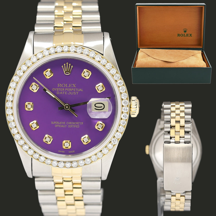 Rolex DateJust 16013 Purple Diamond Bezel Two Tone Yellow Gold Jubilee Band Watch Box