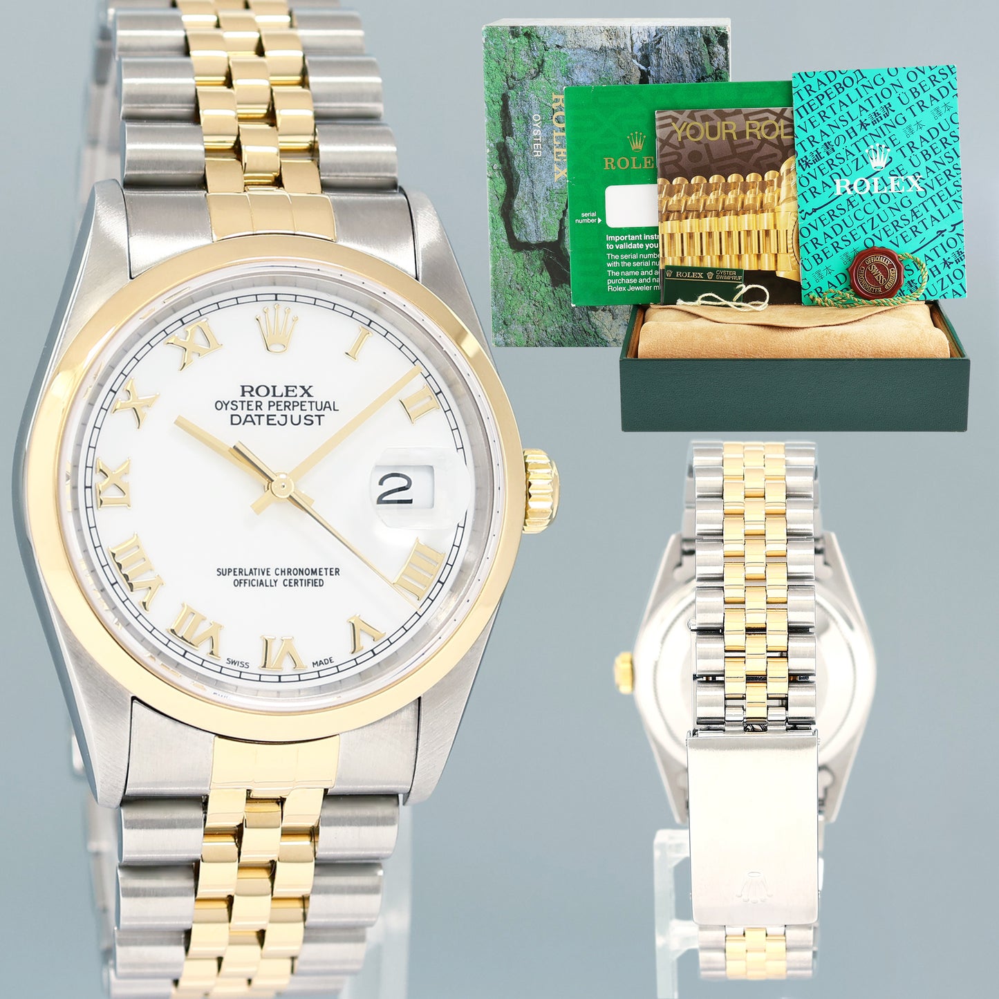 MINT Rolex DateJust White Roman 16203 Two Tone Gold Jubilee 36mm Watch Box