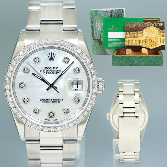 MINT DIAMOND Bezel Rolex DateJust 36mm Mother of Pearl 16220 Steel Oyster Watch Box