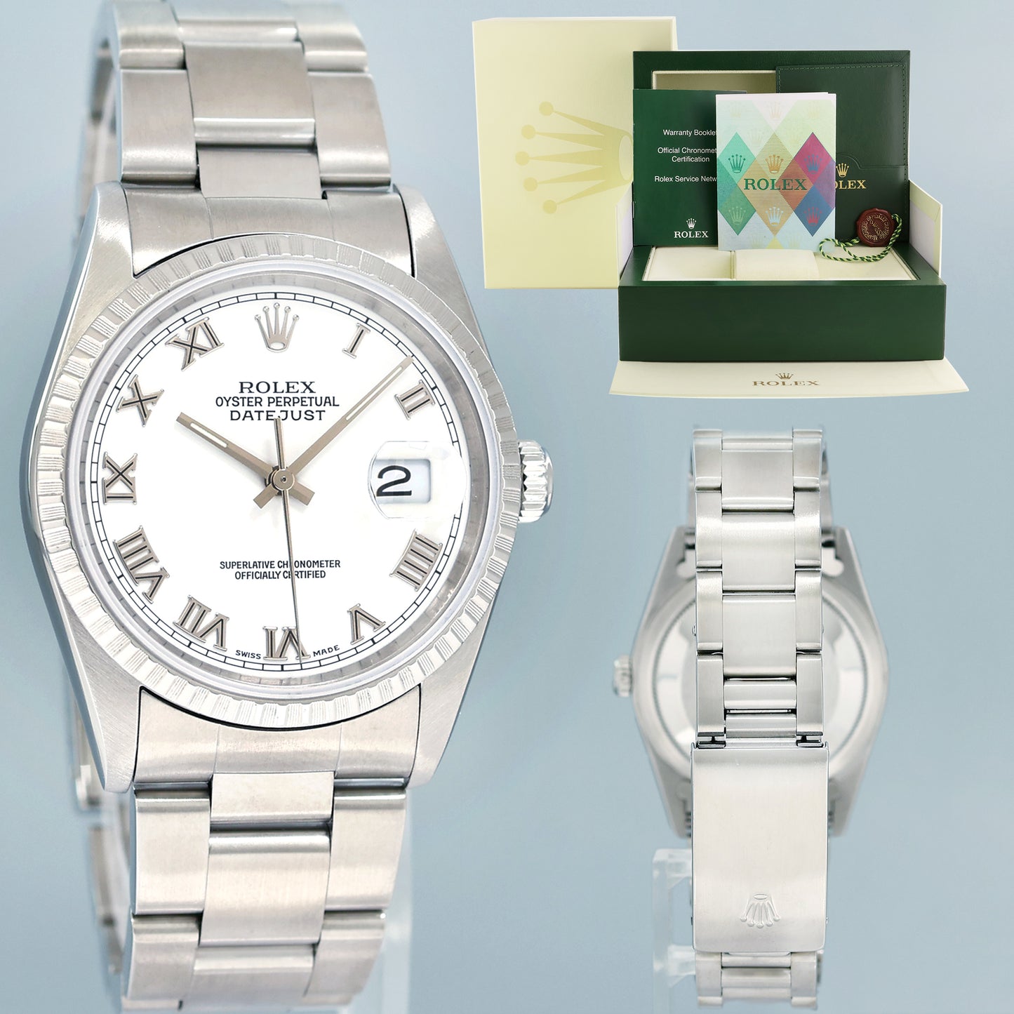 2001 PAPERS MINT Rolex DateJust 36mm White Roman Dial Oyster 16220 Steel Watch Box