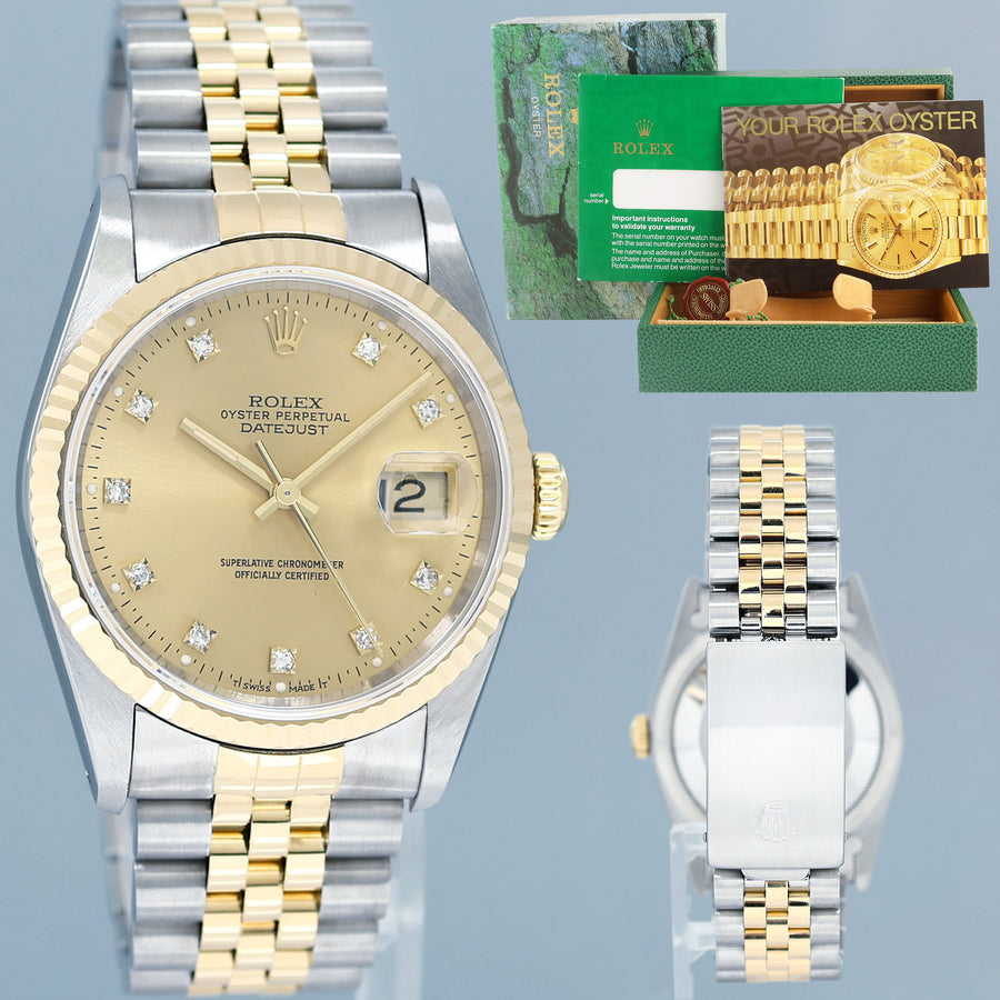 MINT Rolex DateJust 16233 Two Tone Yellow Gold Jubilee Original Champagne Diamond Watch