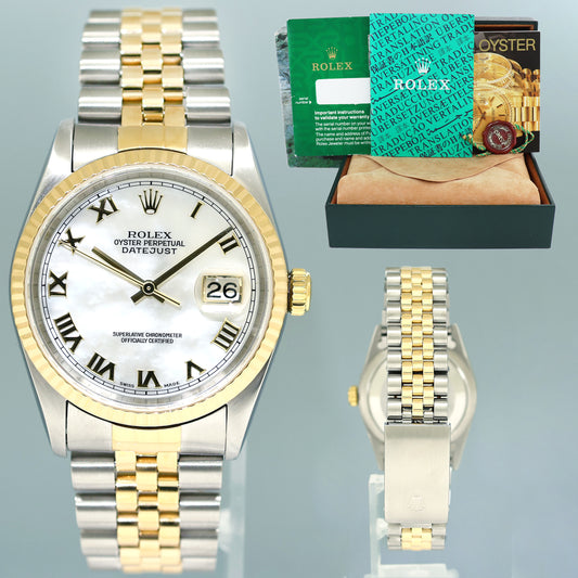 MINT Rolex DateJust 36mm Mother of Pearl Roman 16233 Two Tone Steel Jubilee Watch Box