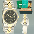 MINT Rolex DateJust 36mm Black Stick 16233 Two Tone Yellow Gold Steel Jubilee Watch Box