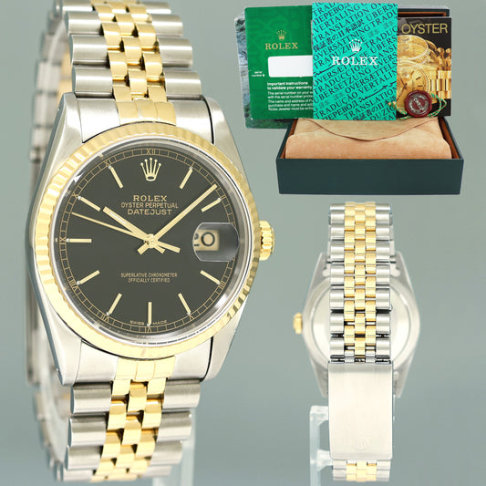 MINT Rolex DateJust 36mm Black Stick 16233 Two Tone Yellow Gold Steel Jubilee Watch Box