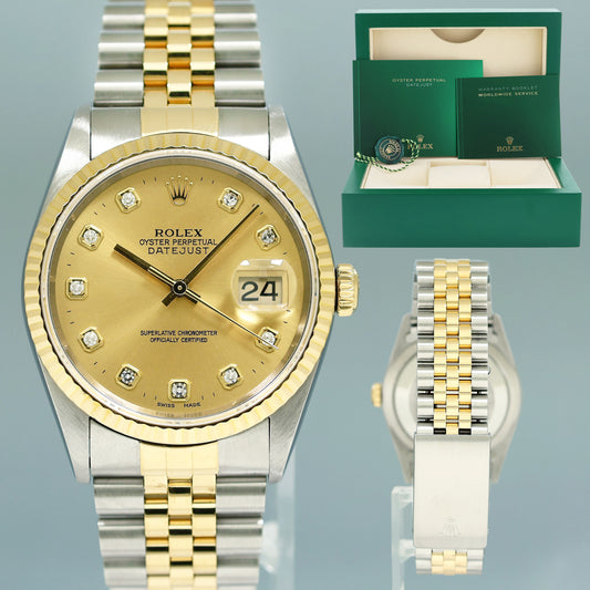 MINT 2002 Rolex DateJust 16233 Champagne Diamond 36mm Two Tone Yellow Gold Jubilee Watch