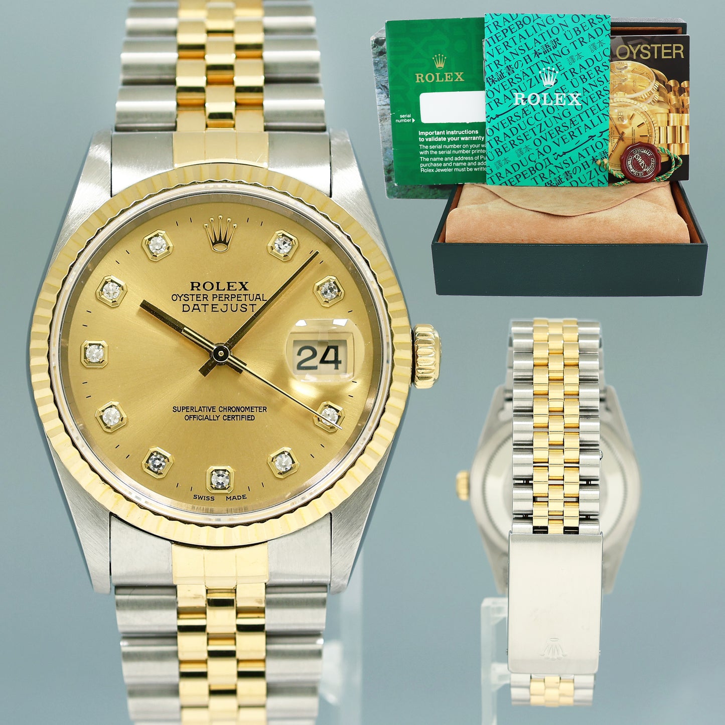 MINT Rolex DateJust 16233 Two Tone Yellow Gold Jubilee Champagne Diamond Watch