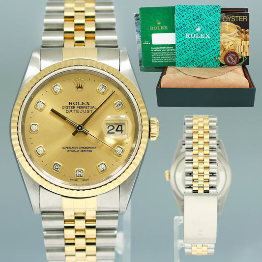 MINT Rolex DateJust 16233 Two Tone Yellow Gold Jubilee Champagne Diamond Watch
