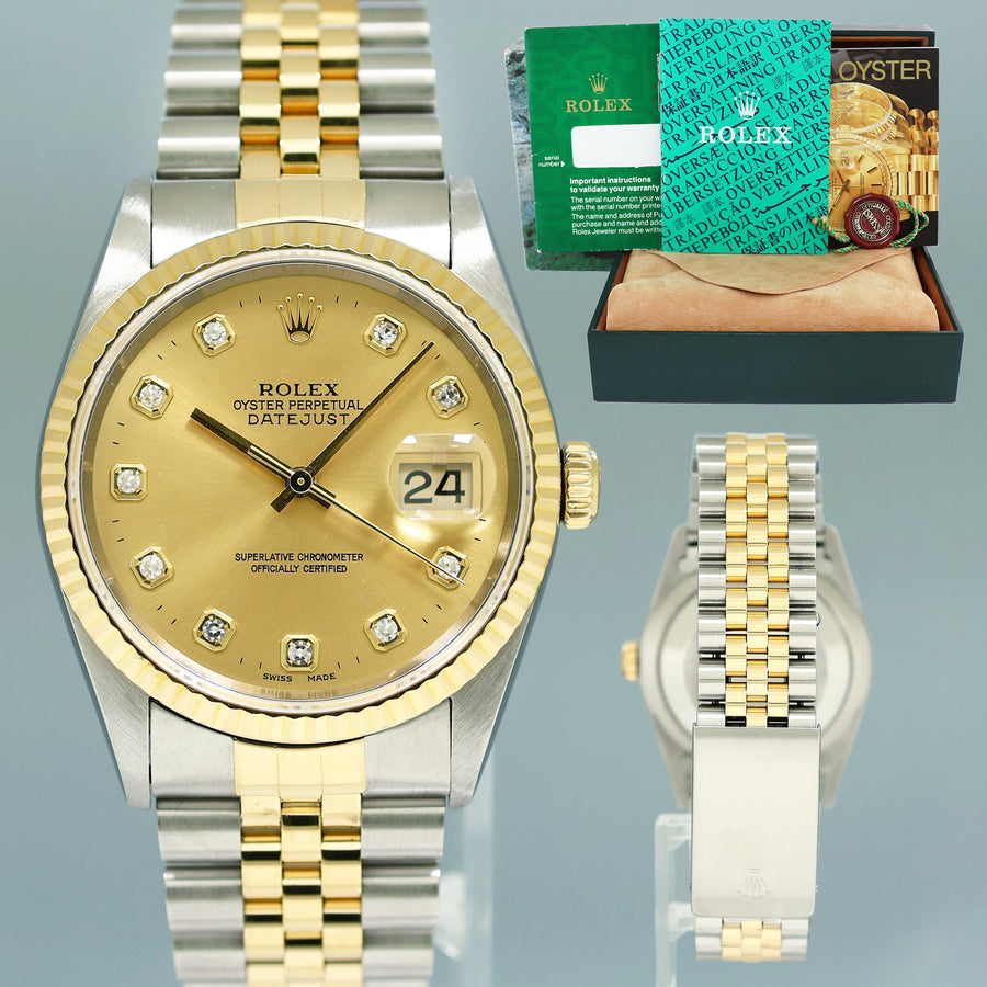 MINT Rolex DateJust 16233 Two Tone Yellow Gold Jubilee Champagne Diamond Watch