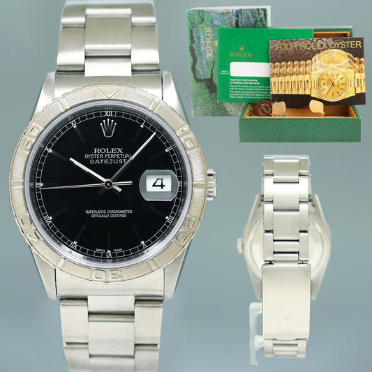 MINT Rolex DateJust 16264 Turn-O-Graph Black Stick Oyster White Gold 36mm Watch Box