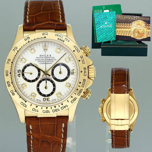 MINT Rolex Daytona Zenith 16518 White Diamond Chronograph Leather Yellow Gold Watch