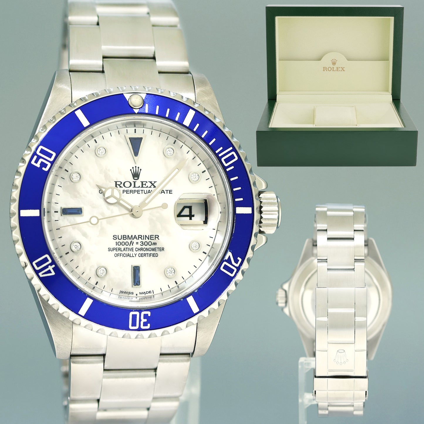 MINT 2007 Rolex Submariner Date 16610 Steel MOP Diamond Dial 40mm Oyster Watch Box