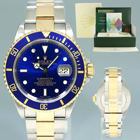 MINT 2005 PAPERS Rolex Submariner 16613 Gold Steel Two Tone Gold Sunburst Blue Watch