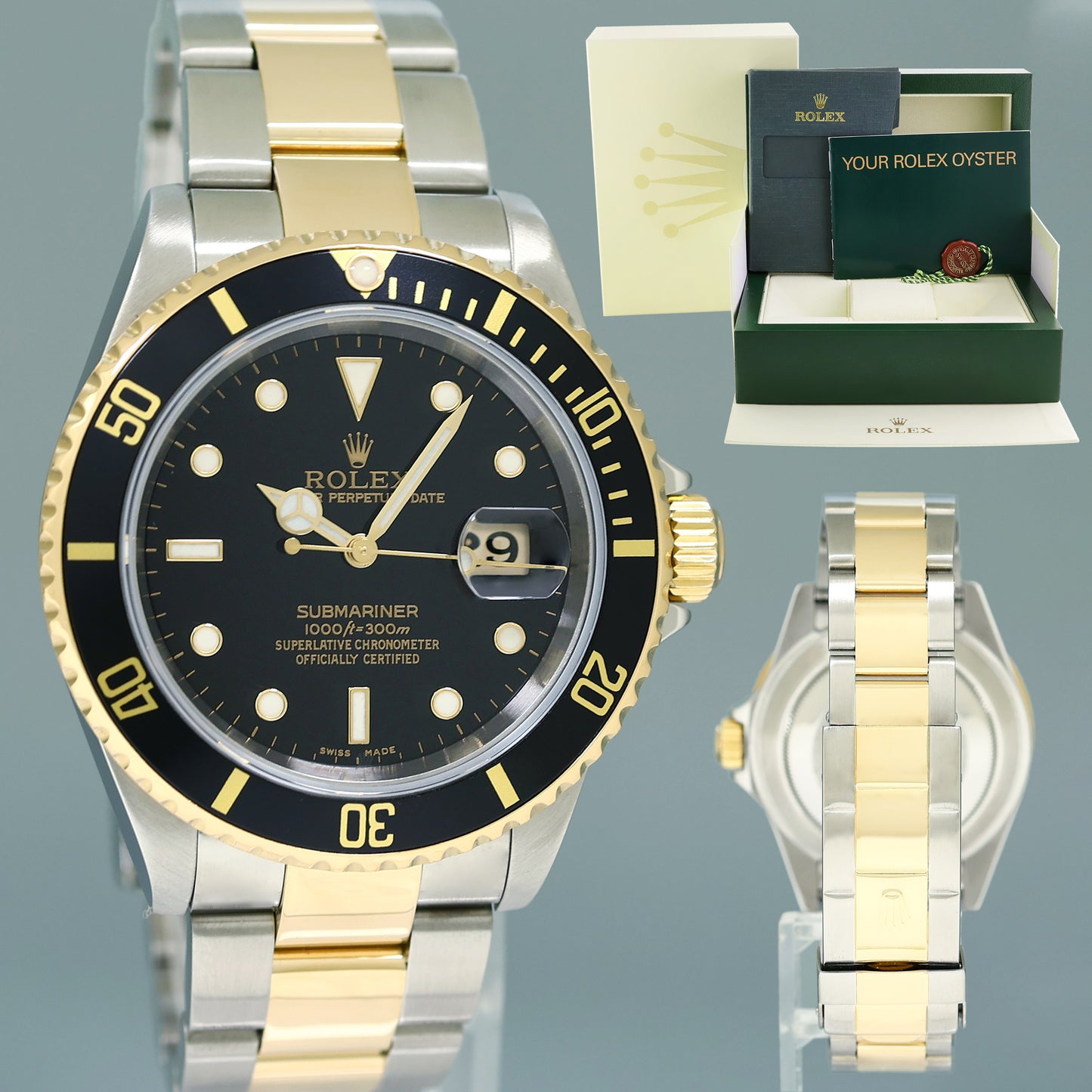 2004 MINT GOLD BUCKLE Rolex Submariner 16613 Gold Steel Two Tone Black Watch Box