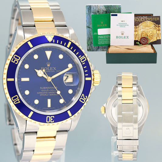 1999 PAPERS MINT Rolex Submariner 16613 LB Gold Steel Two Tone Yellow Gold Sunburst Blue Watch Box
