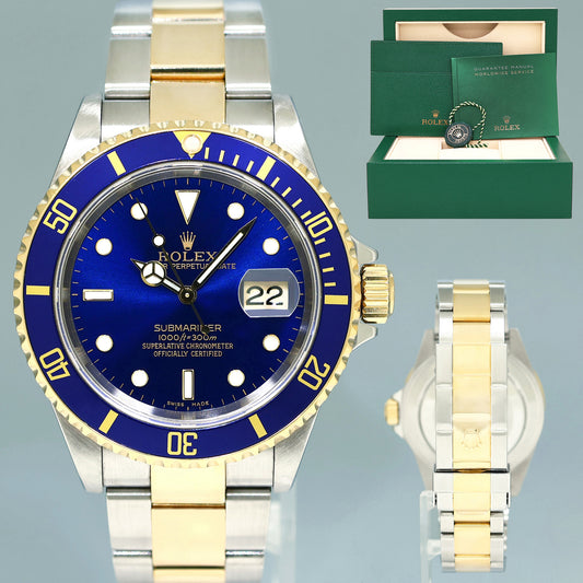 MINT 2005 Rolex 16613LB Submariner Gold Steel Two Tone Gold 40mm Sunburst Blue Watch
