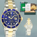 MINT 1999 PAPERS Rolex Submariner 16613 Gold Steel Two Tone Gold Sunburst Blue Watch