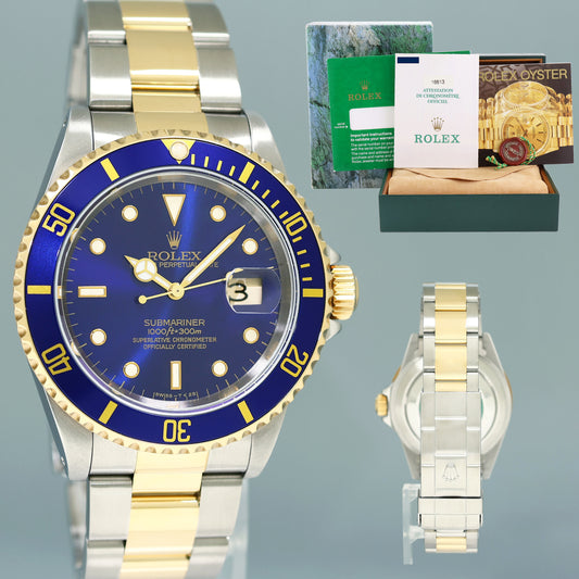MINT 1999 PAPERS Rolex Submariner 16613 Gold Steel Two Tone Gold Sunburst Blue Watch
