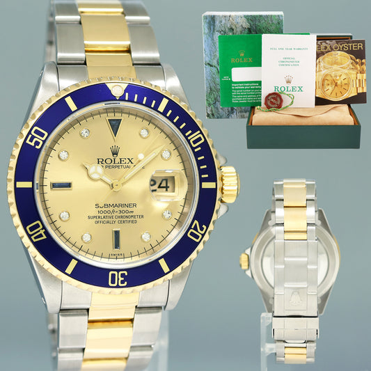 MINT PAPERS Rolex Submariner 16613 Two Tone Gold Blue Champagne Serti Diamond Watch