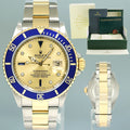 MINT 2008 Rolex Gold Buckle Rolex Submariner 16613 Two Tone Blue Serti Diamond Watch