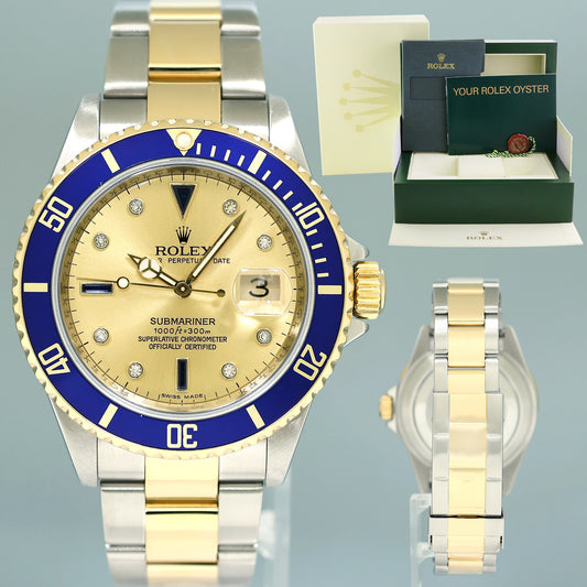 MINT 2008 Rolex Gold Buckle Rolex Submariner 16613 Two Tone Blue Serti Diamond Watch