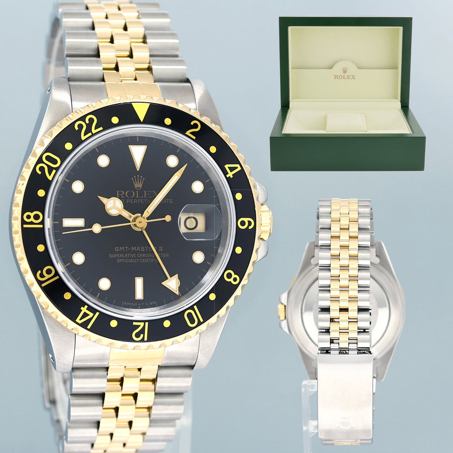 MINT Rolex GMT-Master 2 16713 Two-Tone Yellow Jubilee Black Dial 40mm Watch Box