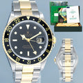 2000 PAPERS MINT Rolex GMT-Master II 16713 Black Two-Tone Yellow Gold Steel Watch