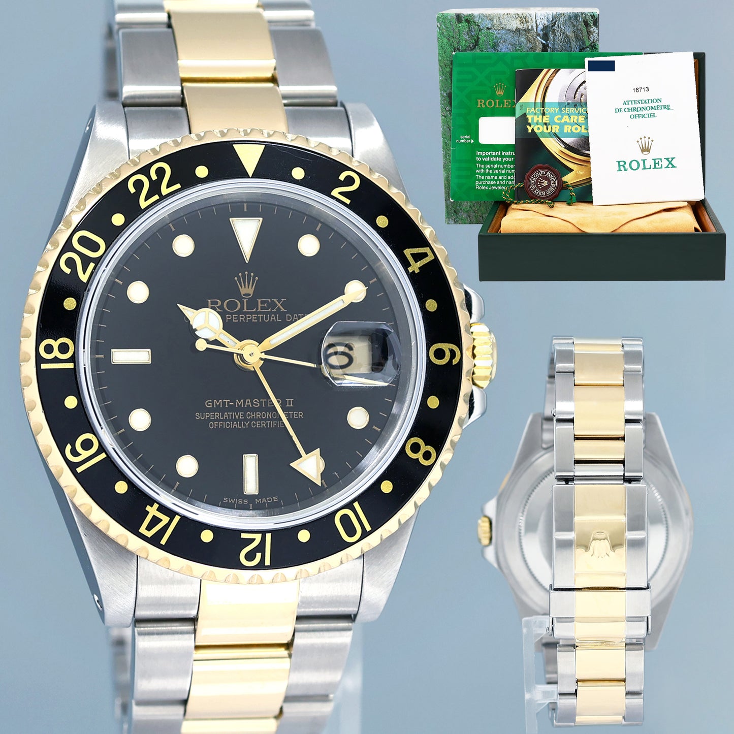 2000 PAPERS MINT Rolex GMT-Master II 16713 Black Two-Tone Yellow Gold Steel Watch