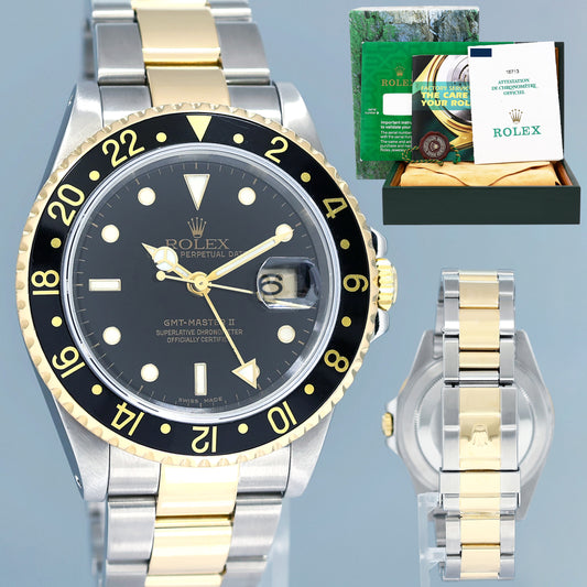 2000 PAPERS MINT Rolex GMT-Master II 16713 Black Two-Tone Yellow Gold Steel Watch