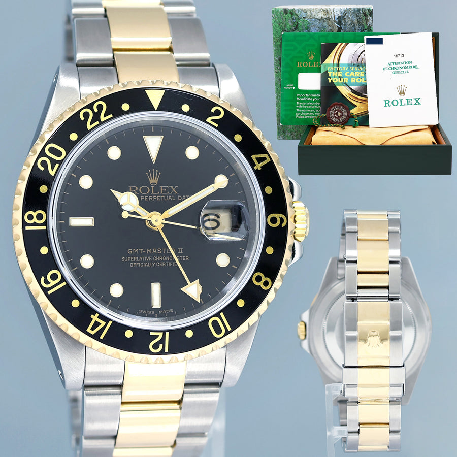 2000 PAPERS MINT Rolex GMT-Master II 16713 Black Two-Tone Yellow Gold Steel Watch