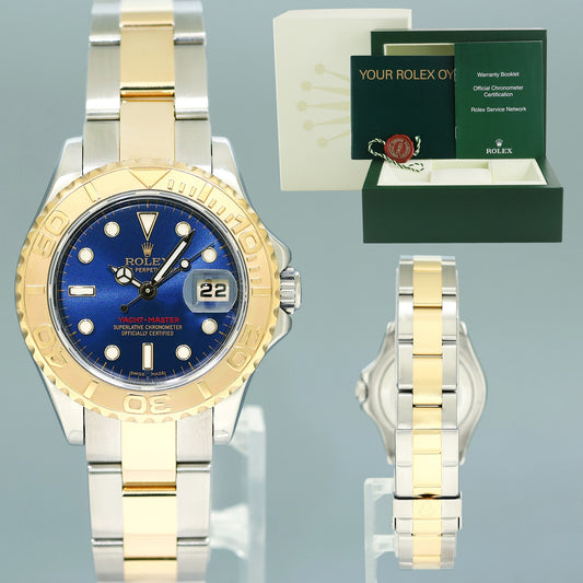 MINT Ladies Rolex Yacht-Master 169623 Two Tone Yellow Gold 29mm Blue Watch Box
