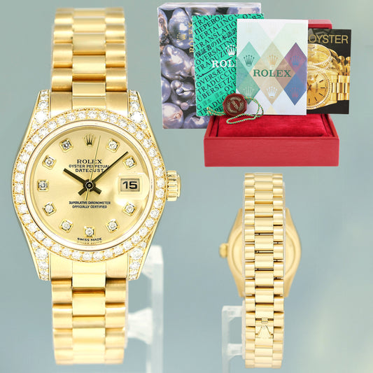 PAPERS Ladies Rolex DateJust 179158 Champagne Diamond President Yellow Gold Watch