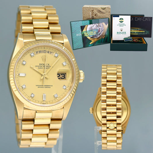 1982 PAPERS Rolex President Day-Date Diamond 18038 Quickset Yellow Gold Watch
