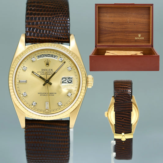 Rolex President Day Date 18038 Yellow Gold Champagne Diamond Quickset Watch Box