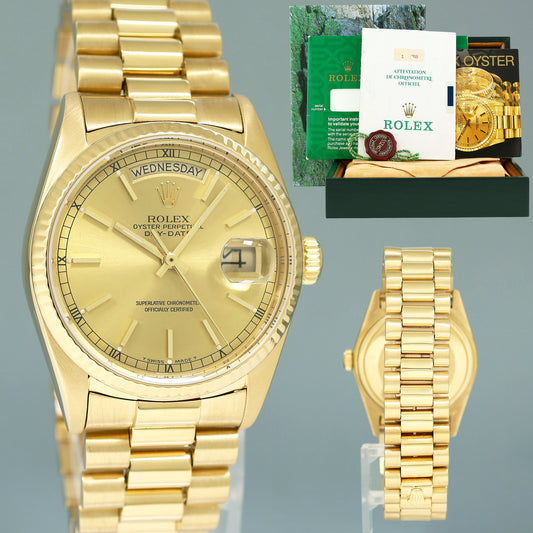 PAPERS Rolex President Day-Date Champagne 18038 Quickset Yellow Gold Watch