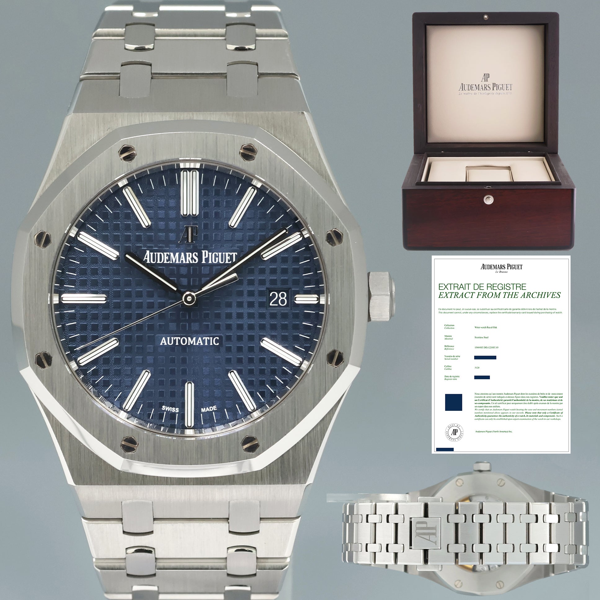2012 PAPERS MINT Audemars Piguet Royal Oak 41mm Steel 15400ST Blue Watch Box