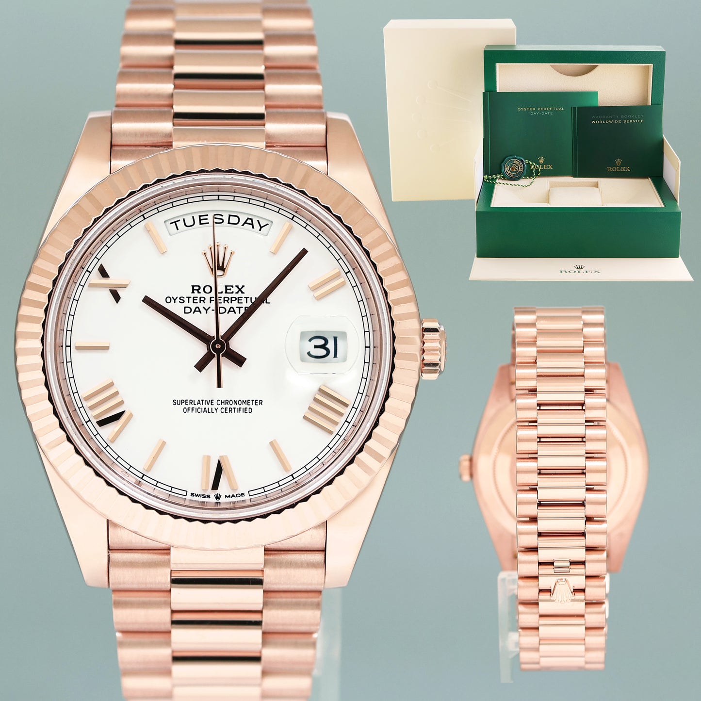 2023 MINT Rolex President 40mm Rose Gold White Roman 228235 Watch Box
